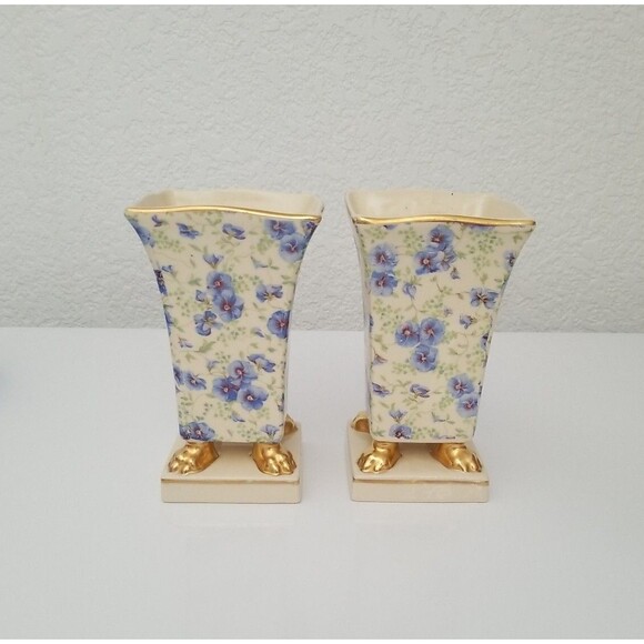 Princeton China Cachepot/flower vases w/gold claw feet & trim (PAIR) Mid Century - Picture 1 of 6